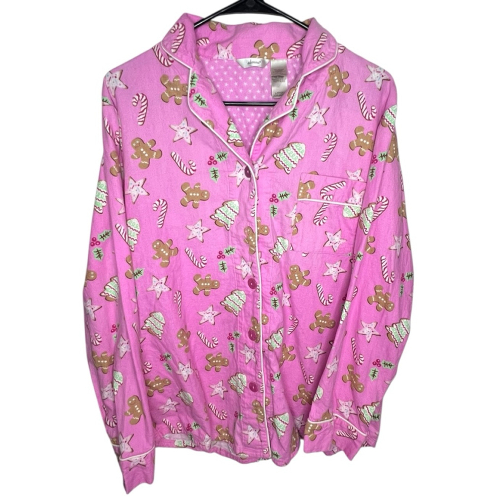 Adonna Pink Christmas Patterned Long Sleeve Button Up Pajama Shirt